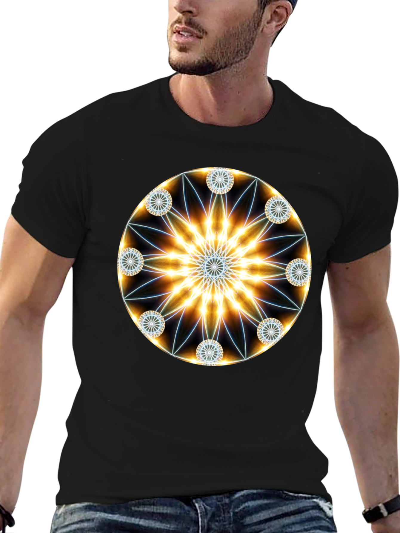 Black Geometric Mandala Black T-Shirt view 6