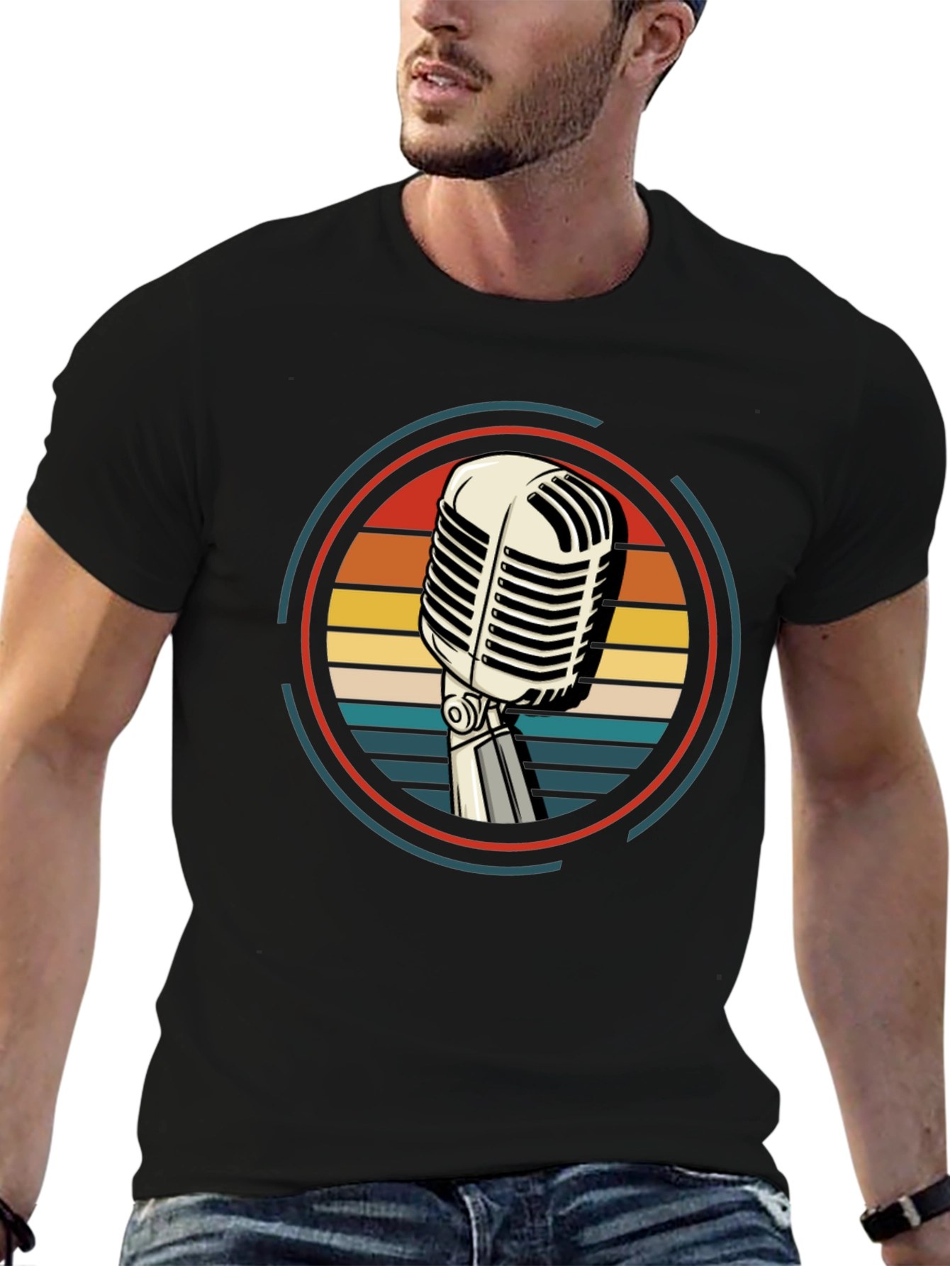 Black Retro Microphone Graphic Tee - Vintage Style view 6