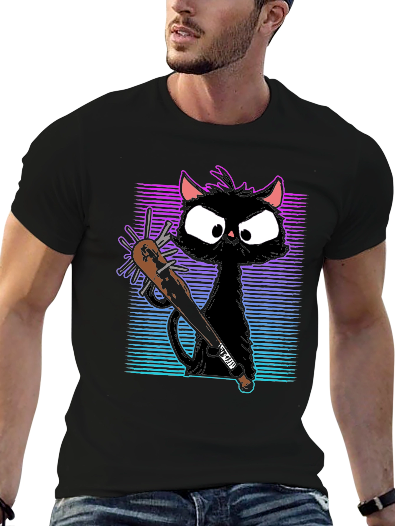 Black Gangster Cat T-Shirt with Spiked Bat - Black view 6