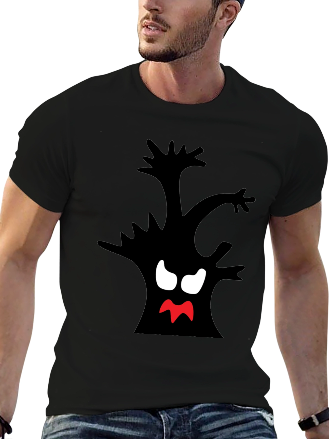 Black Spooky Tree Graphic Tee - Black Cotton T-Shirt view 6