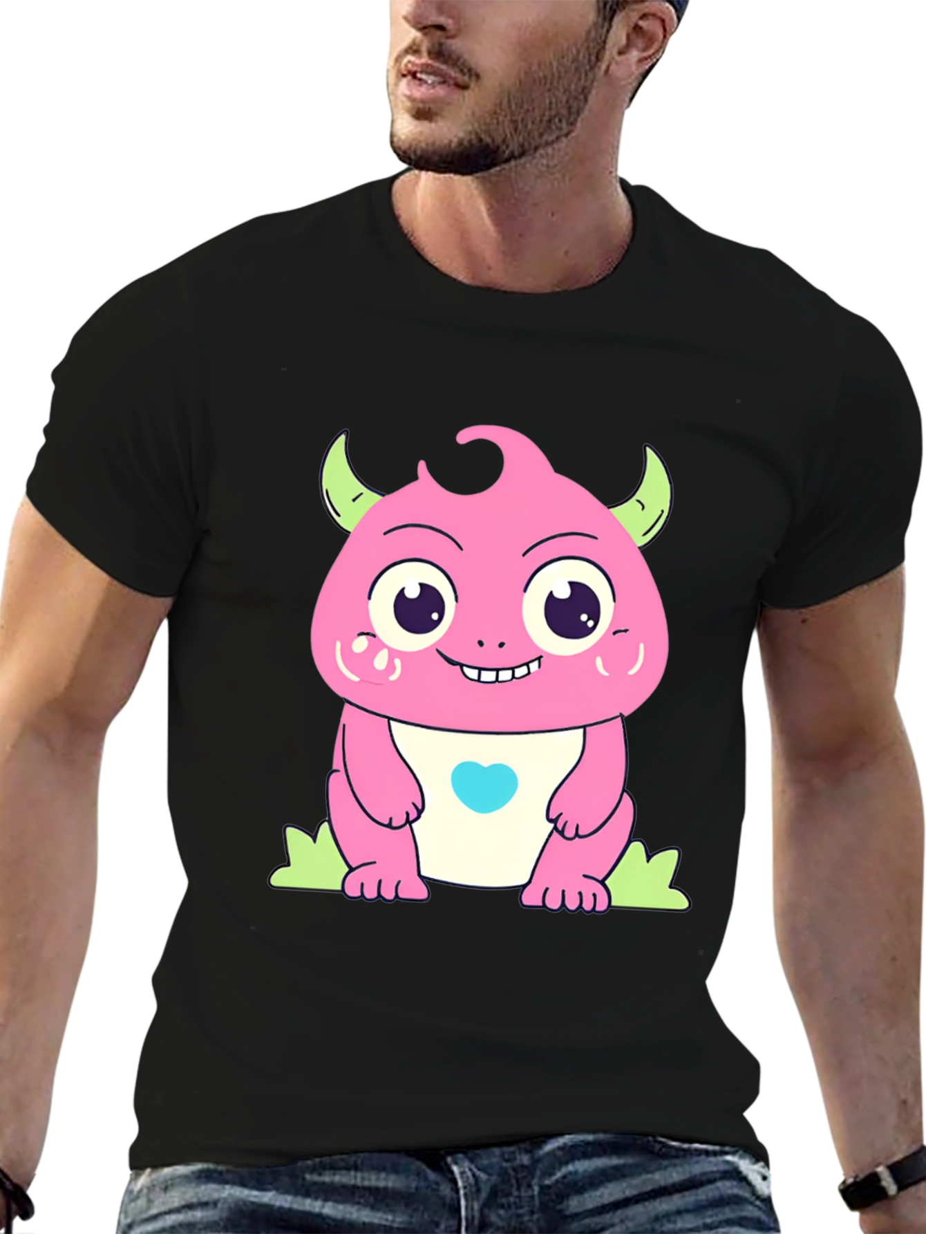 Black Cute Cartoon Monster Graphic Black T-Shirt view 6