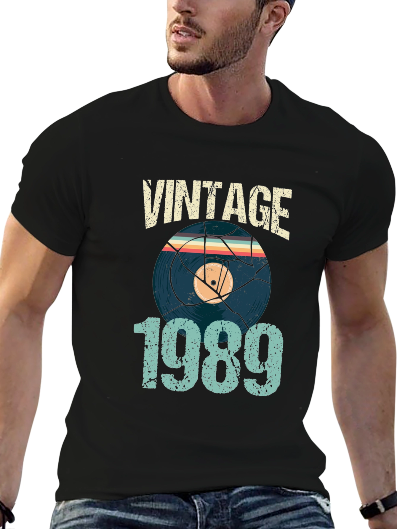 Black Vintage 1989 Vinyl Record T-Shirt view 6