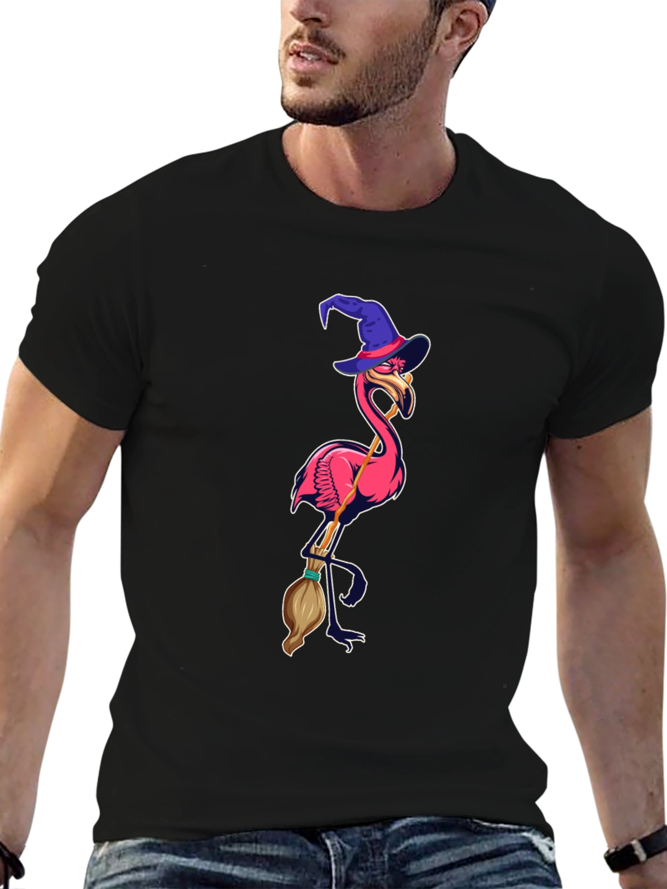 Black Witch Flamingo Graphic Tee - Black Cotton T-Shirt view 6