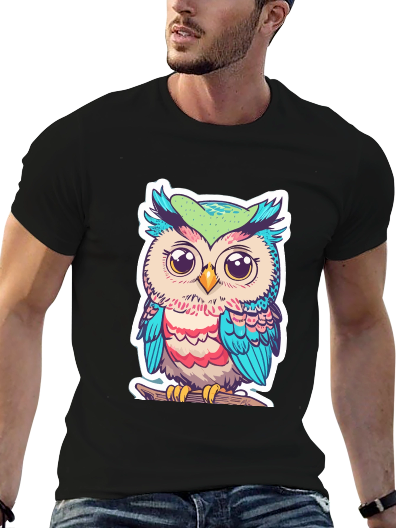 Black Cute Owl Graphic T-Shirt - Black Cotton Tee view 6
