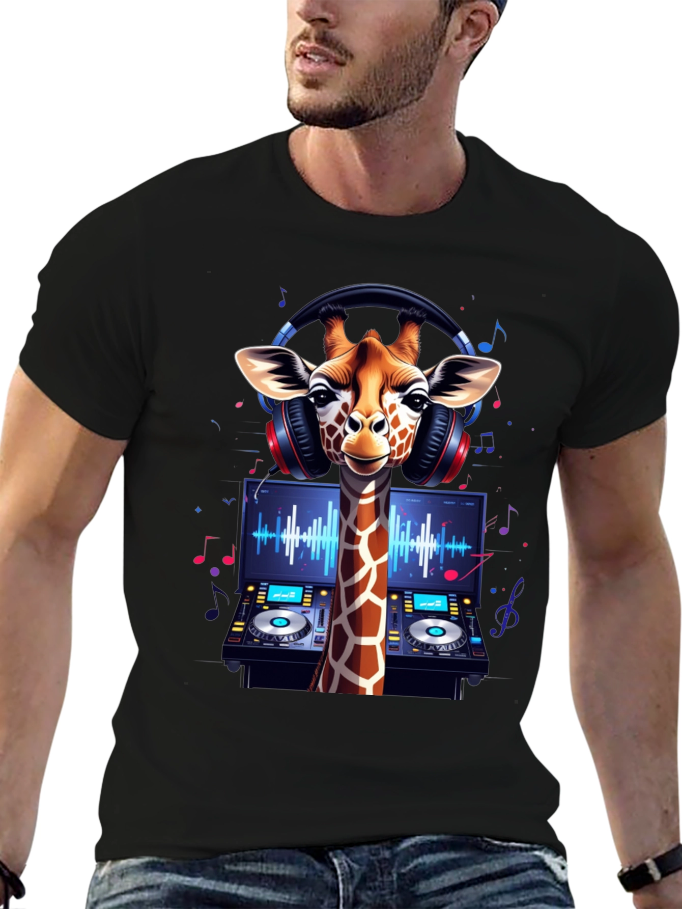 Black DJ Giraffe Graphic Tee - Music Lover's T-Shirt view 6