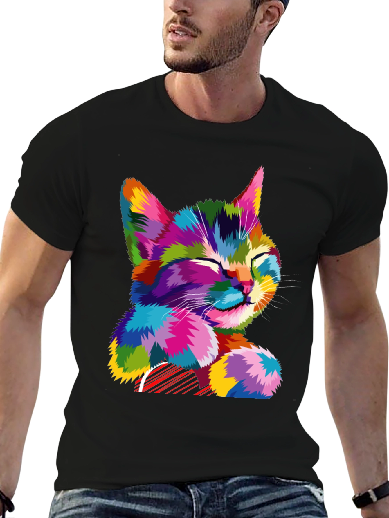 Black Colorful Cat Graphic T-Shirt - Stylish Men's Tee view 6