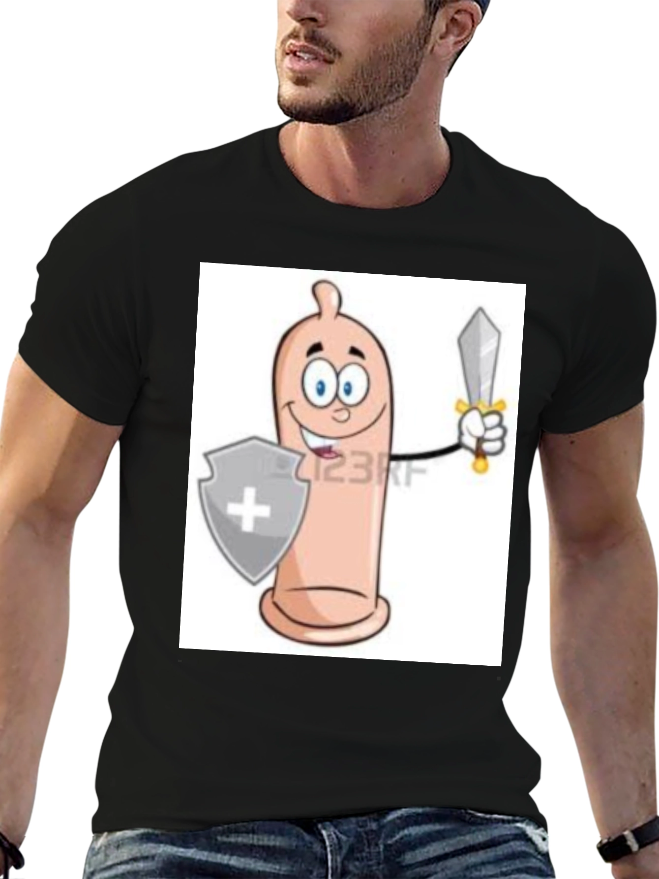 Black Funny Condom Cartoon Graphic Tee view 6