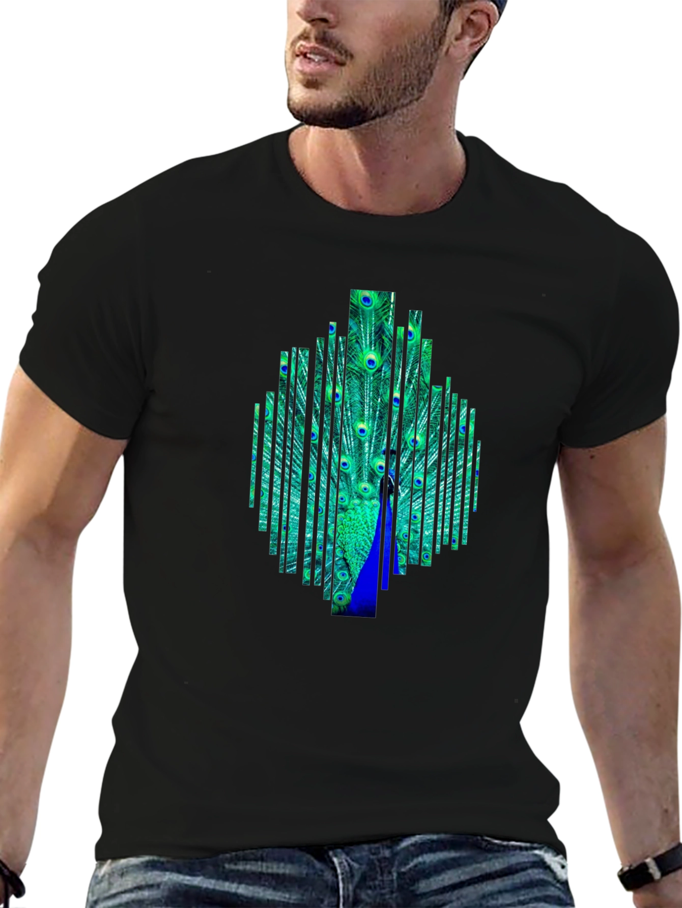 Black Peacock Feather Graphic Black T-Shirt view 6