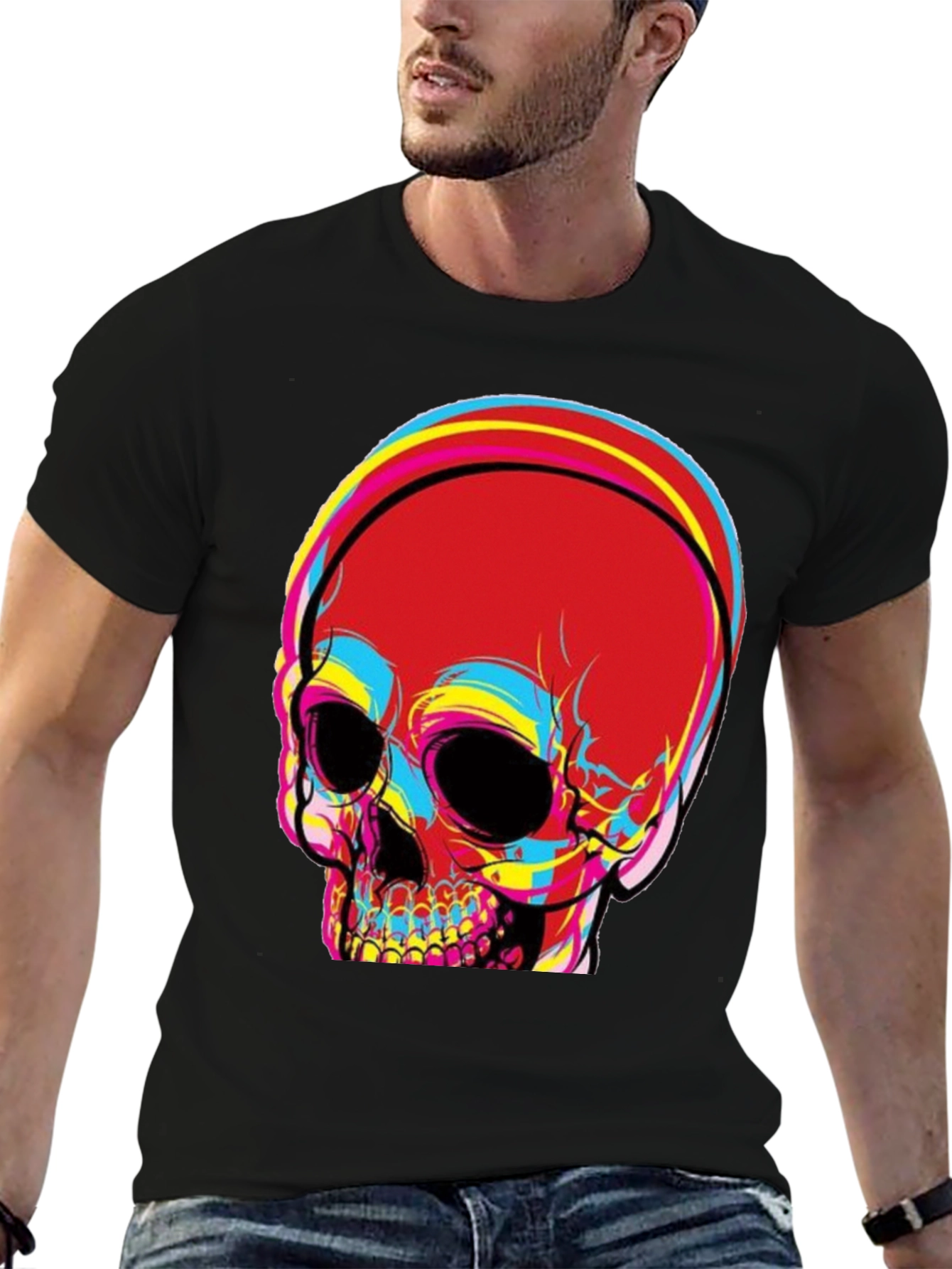 Black Skull Graphic Print Men's Black T-Shirt view 6