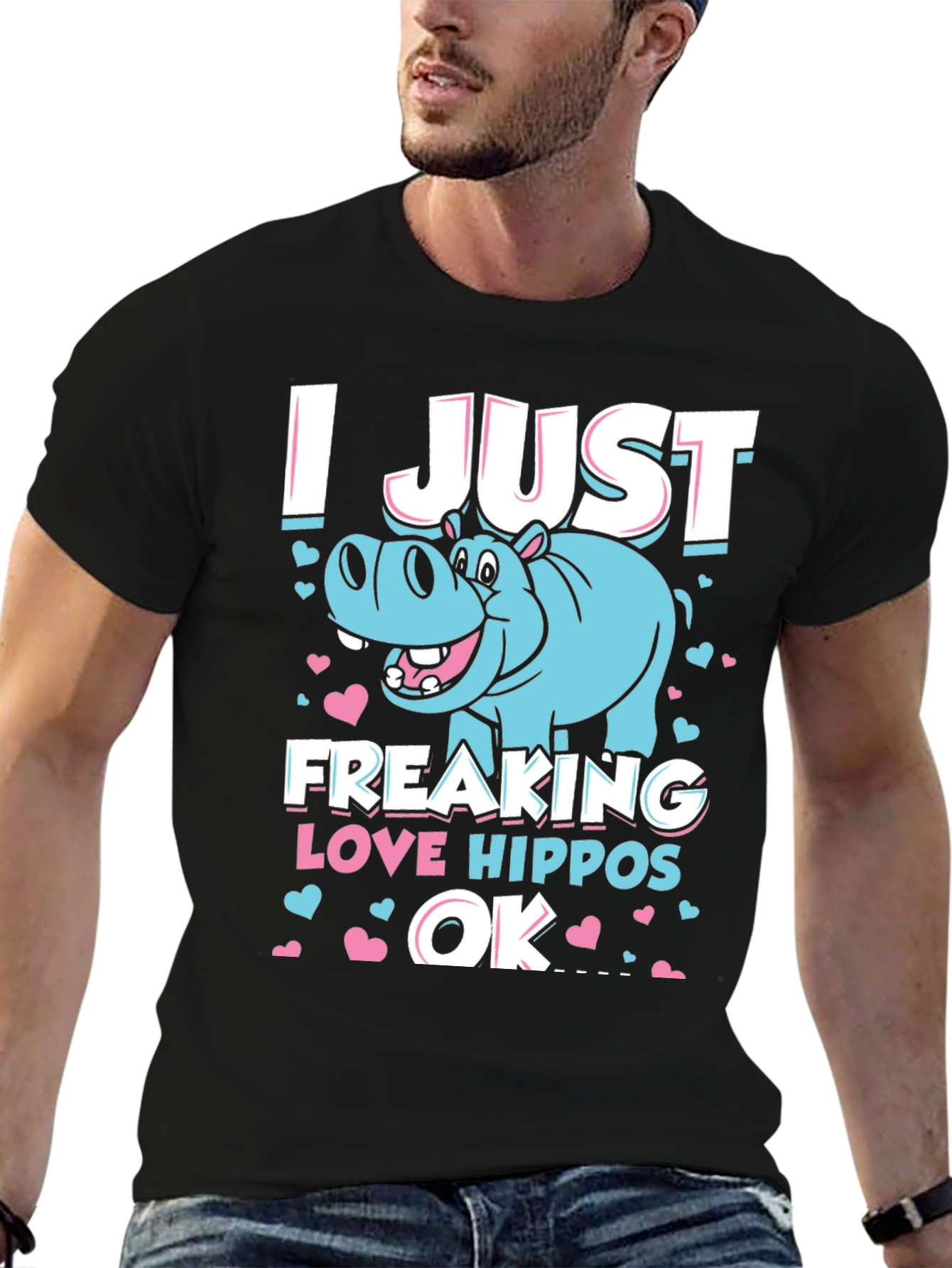 Black I Just Freaking Love Hippos OK T-Shirt view 6
