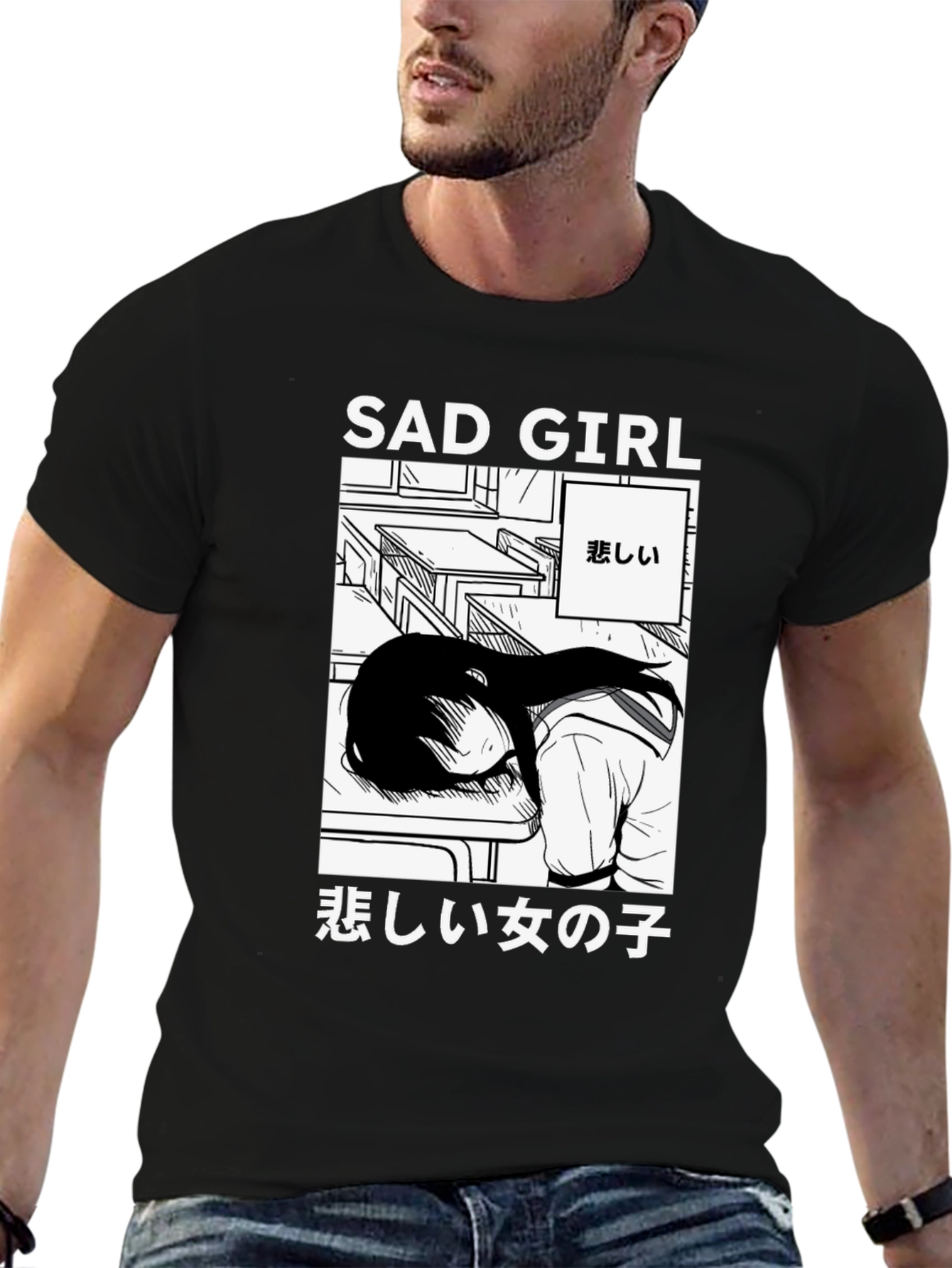 Black Sad Girl Anime Graphic T-Shirt - Unisex view 6
