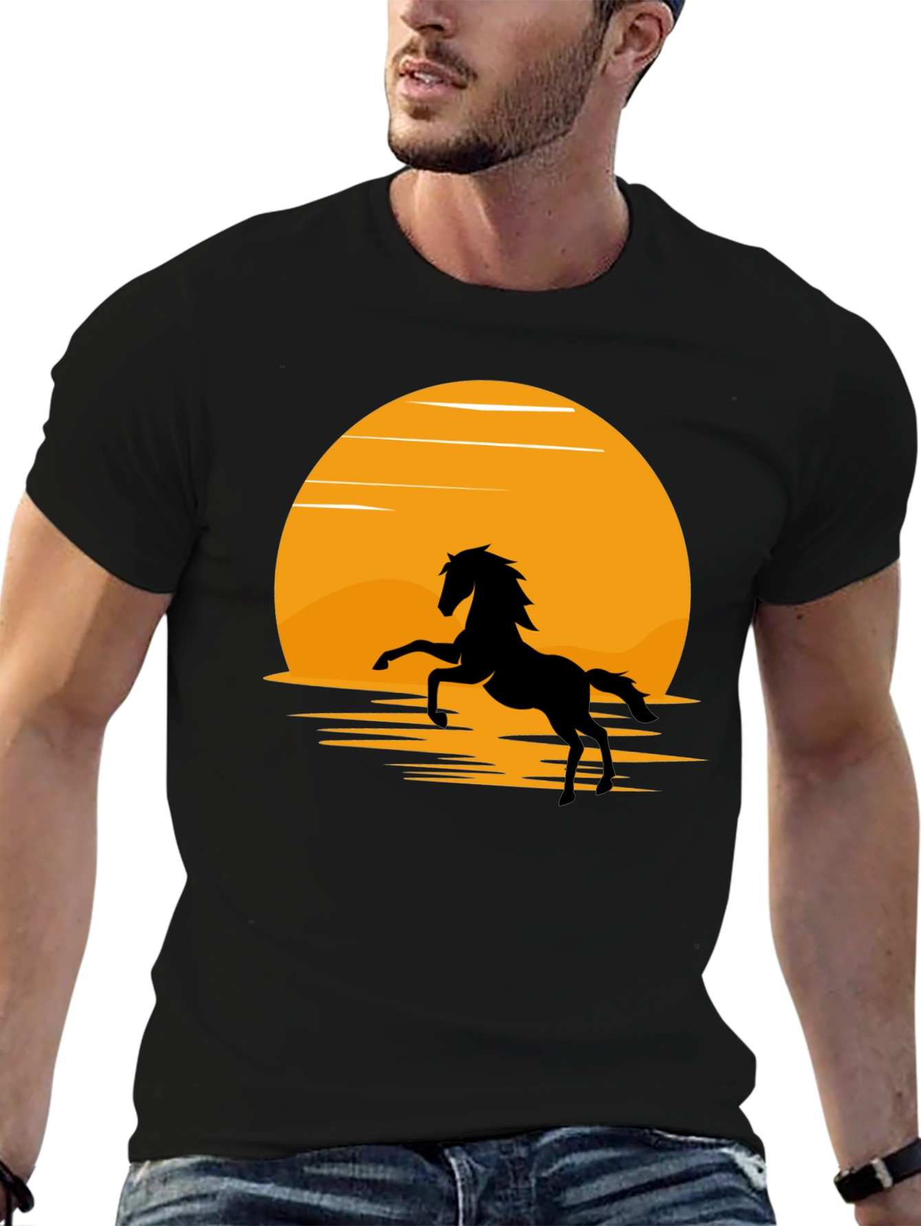 Black Silhouette Horse T-Shirt - Black, Sun Design view 6