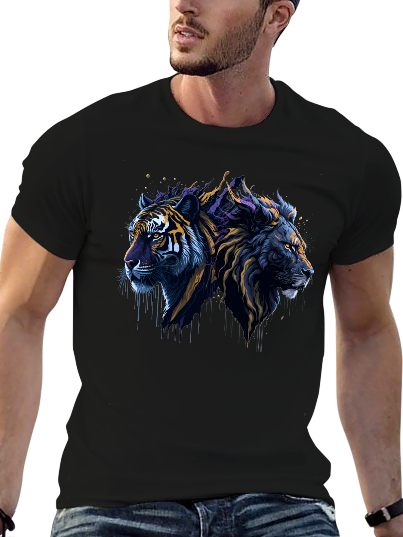 Black Lion & Tiger Graphic Tee - Black Crew Neck T-Shirt view 6