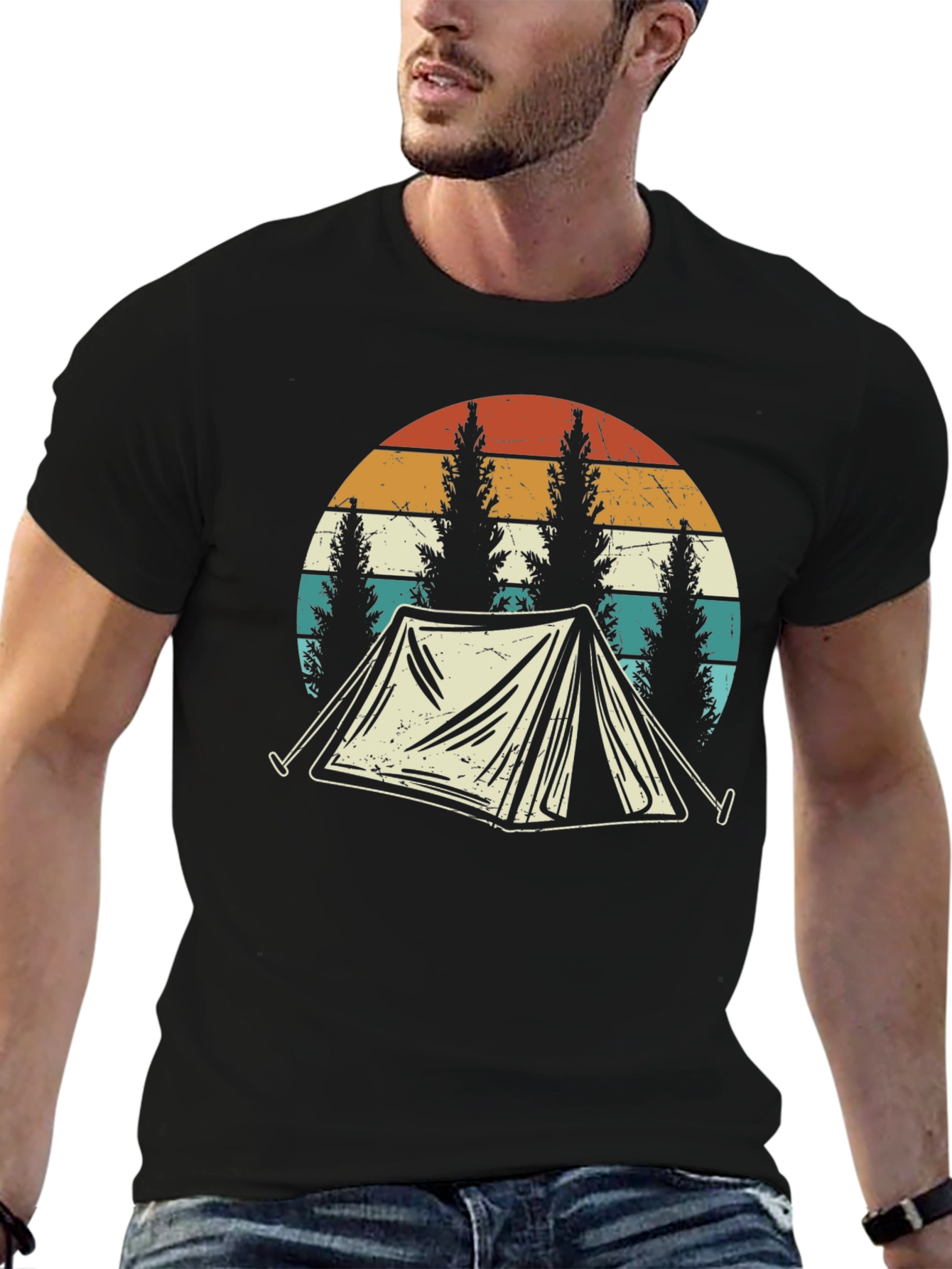 Black Vintage Camping T-Shirt - Retro Tent & Trees Design view 6