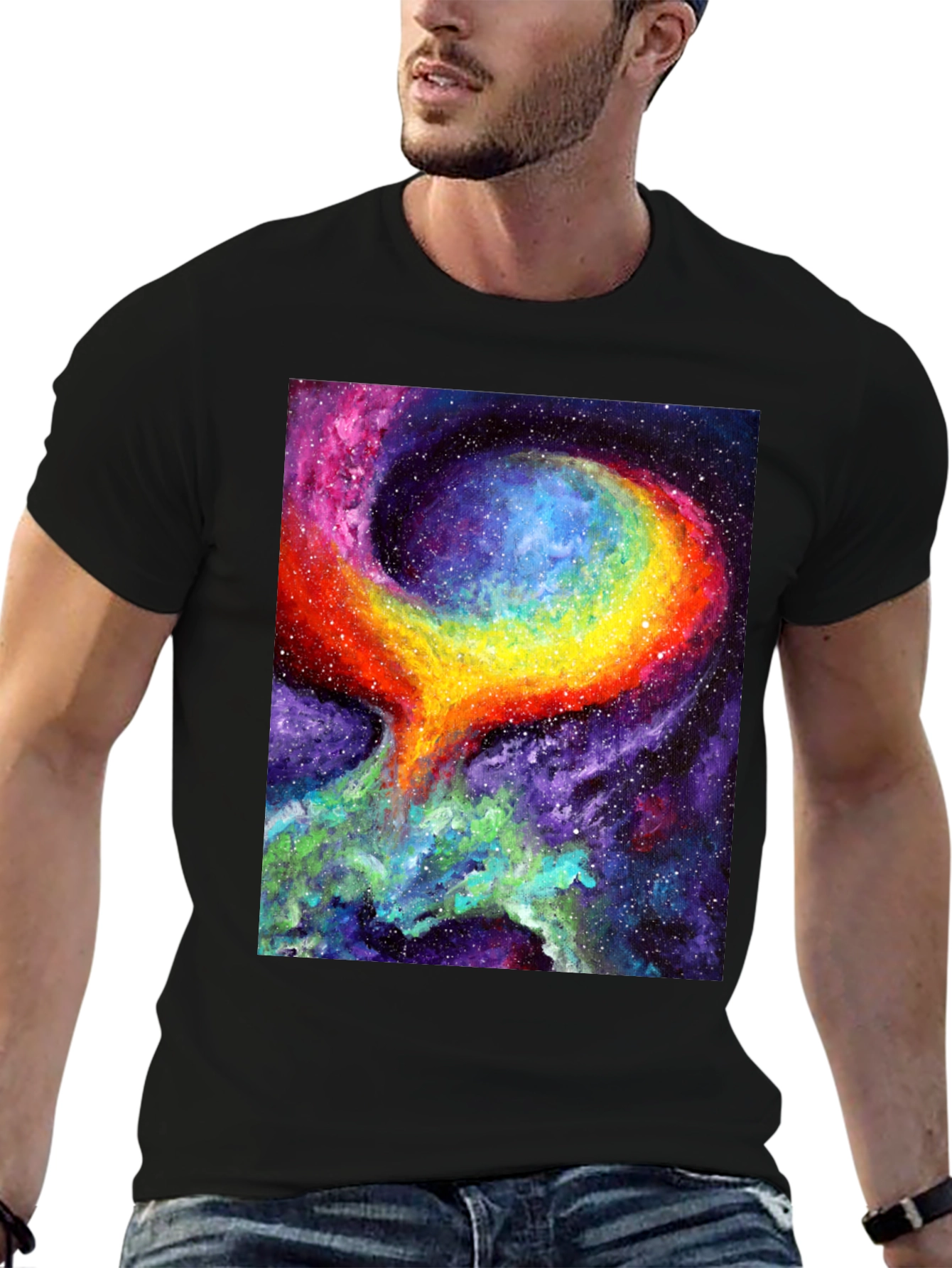 Black Nebula Art Black T-Shirt - Cosmic Galaxy Design view 6