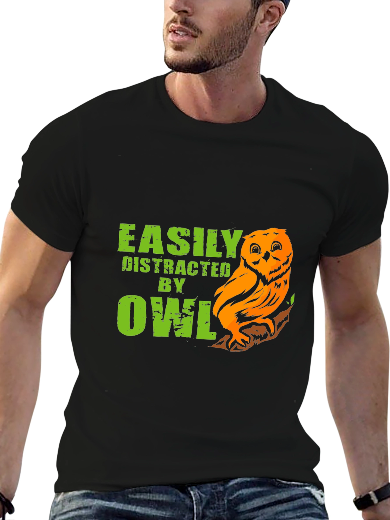 Black Easily Distracted By Owls Funny T-Shirt view 6