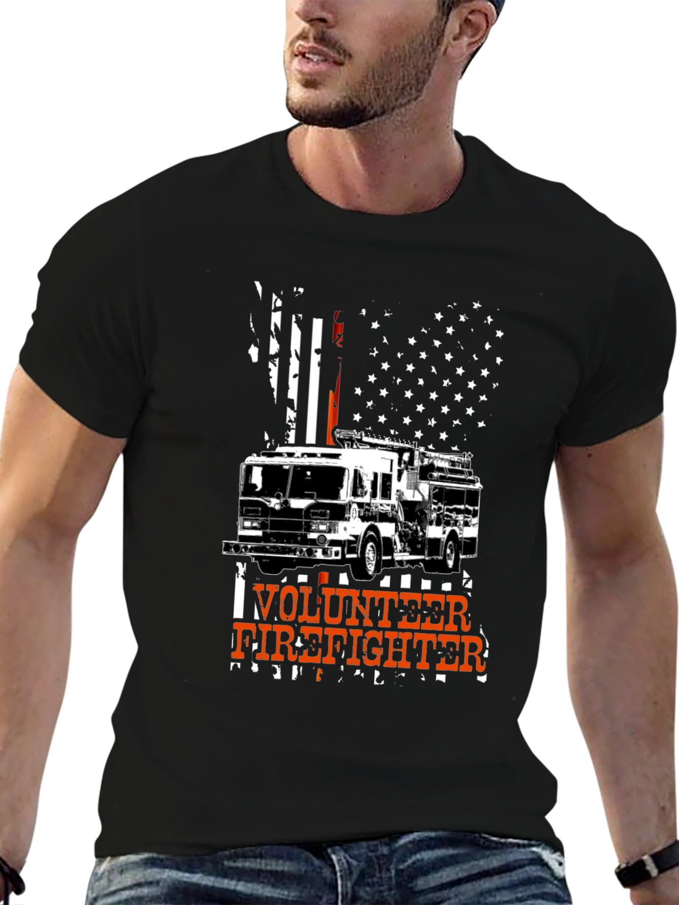Black Volunteer Firefighter Tee - American Flag Design view 6