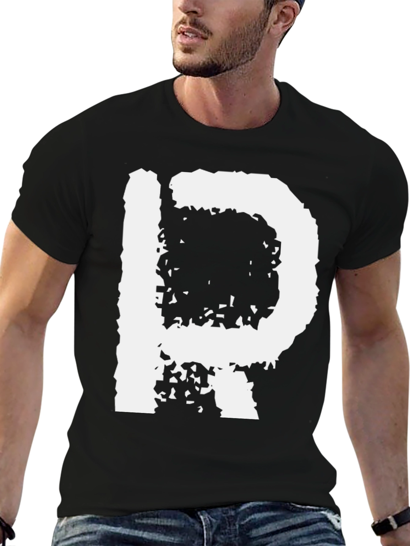 Black Abstract Letter P Graphic Tee - Black Cotton Casual Shirt view 6