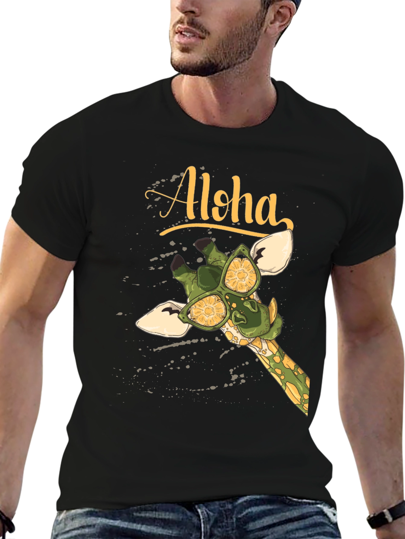 Black Aloha Giraffe Graphic T-Shirt view 6