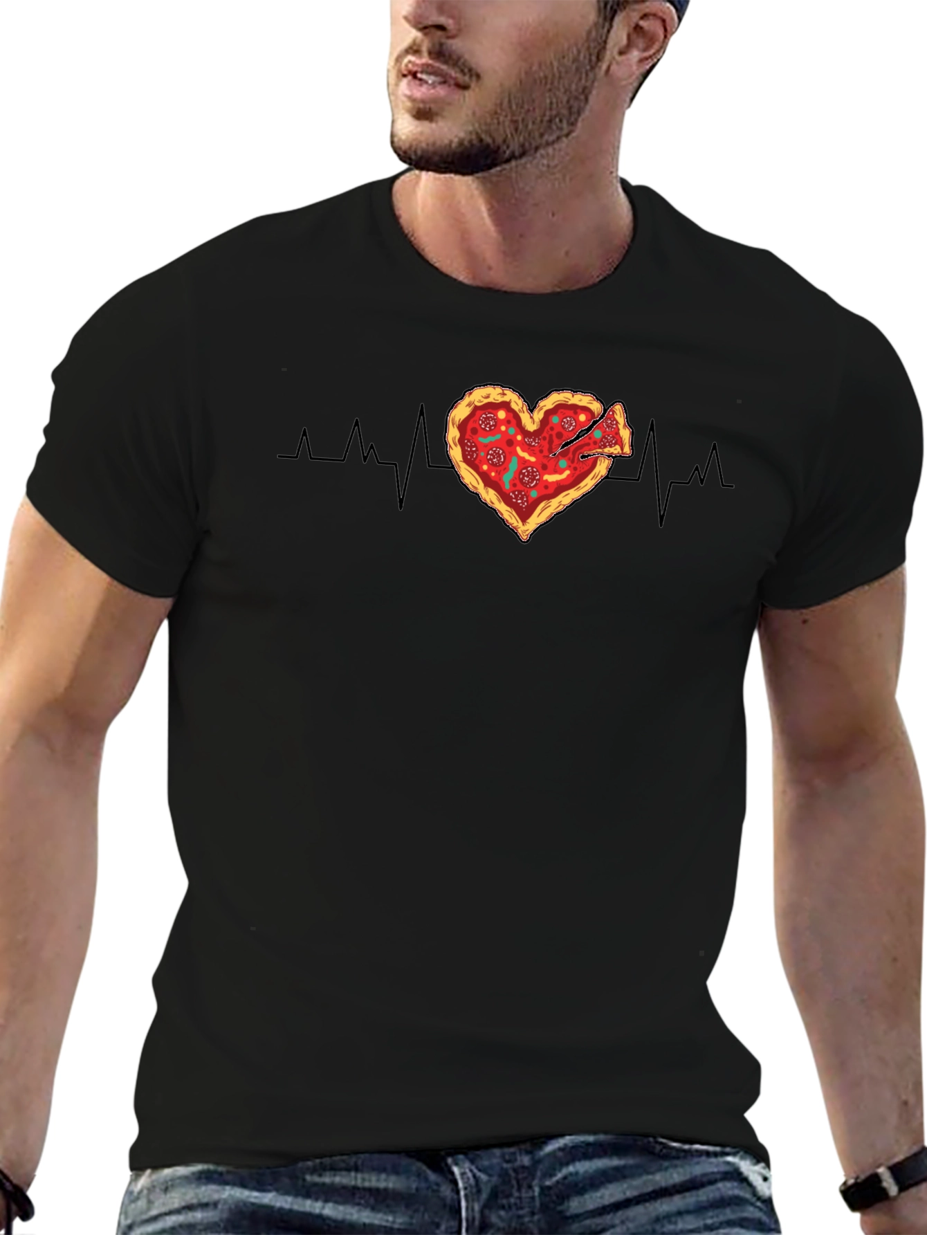 Black Pizza Heartbeat Graphic Tee - Food Lover's T-Shirt view 6