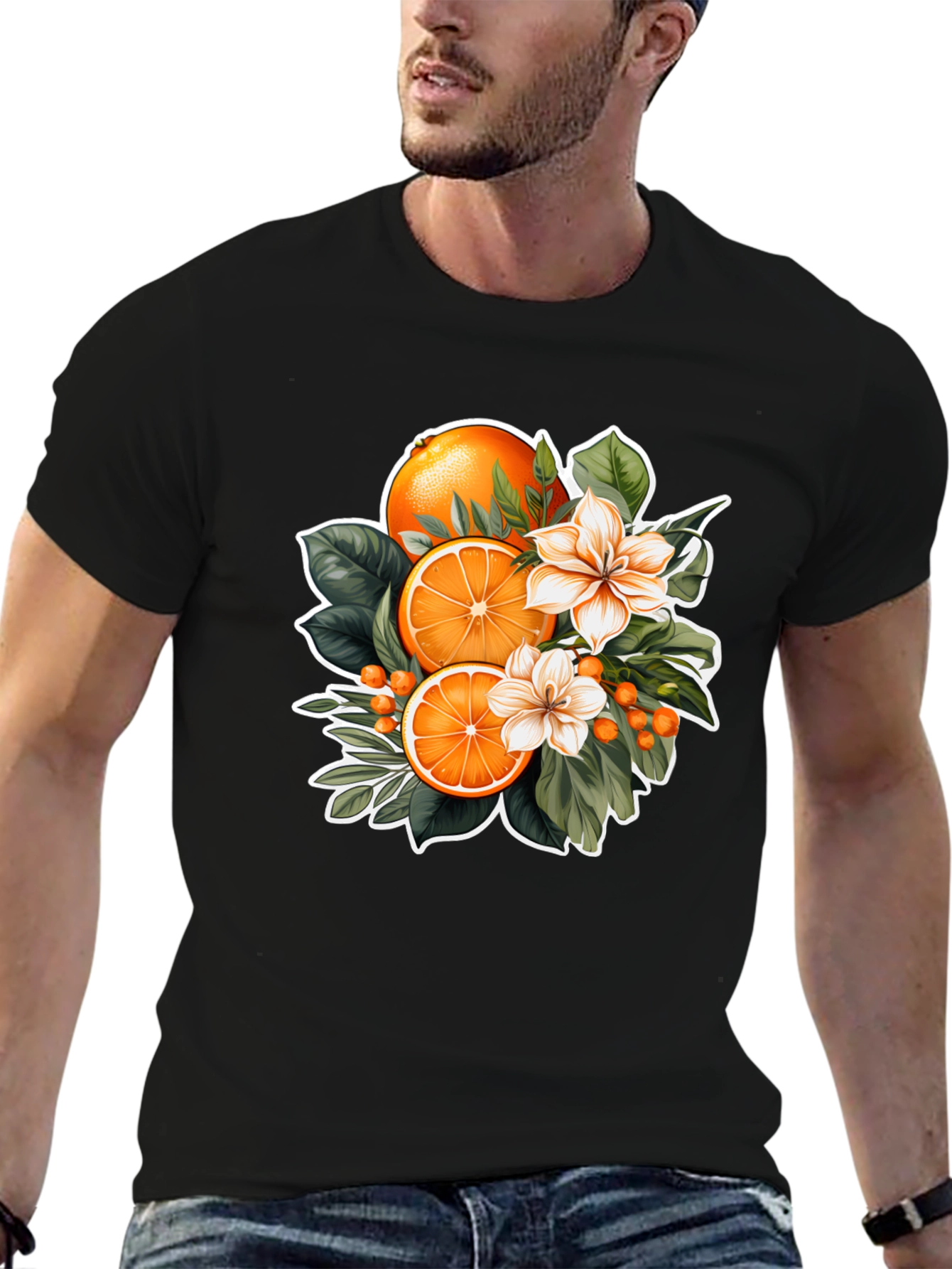 Black Orange Blossom Graphic Black T-Shirt view 6