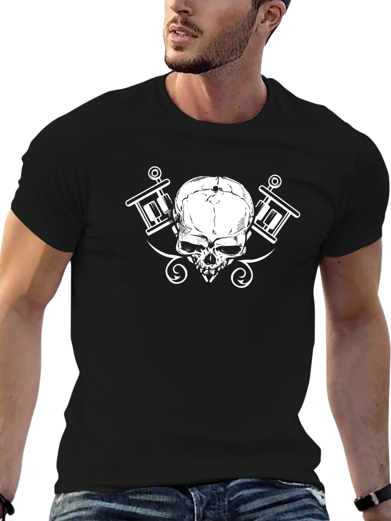 Skull & Tattoo Gun Graphic Black T-Shirt - 6