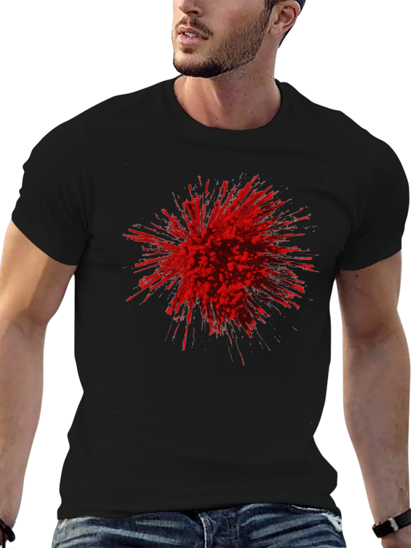 Black Abstract Red Burst Graphic Tee - Black Cotton Casual T-Shirt view 6