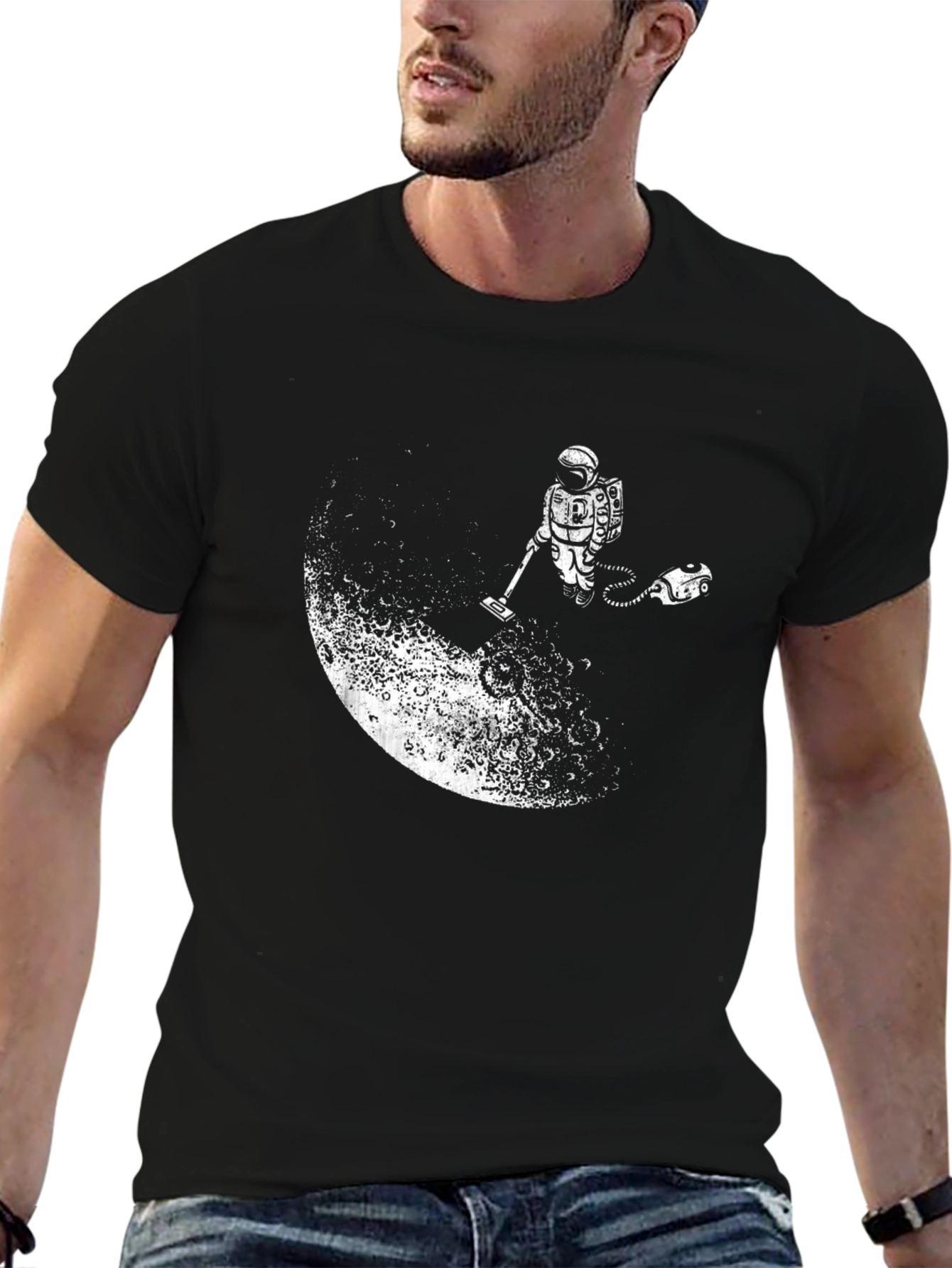 Black Astronaut Vacuuming the Moon Black T-Shirt view 6