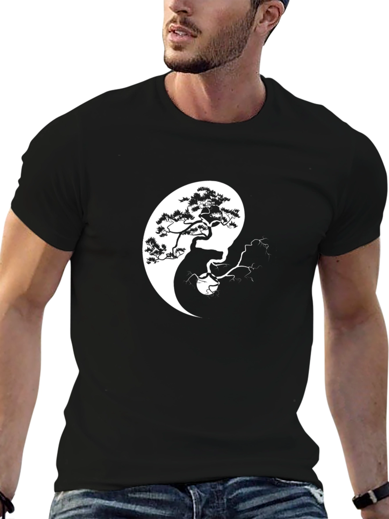 Black Yin Yang Tree Graphic Black T-Shirt view 6
