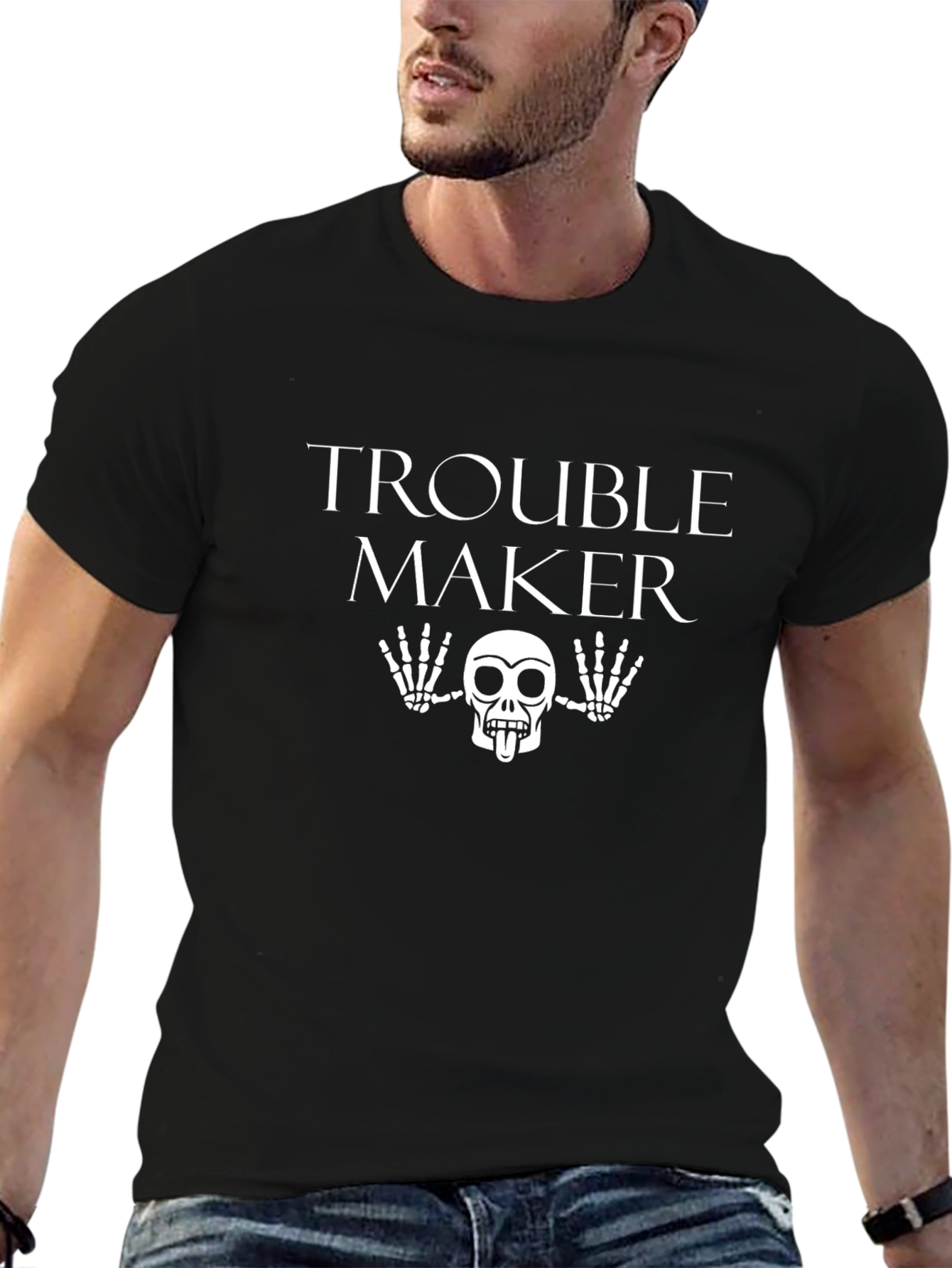 Black Trouble Maker Graphic Tee - Black Skull T-Shirt view 6