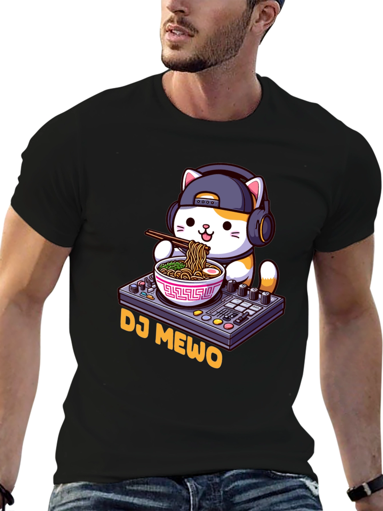 Black DJ MEWO Black T-Shirt - Cat Ramen DJ Design view 6