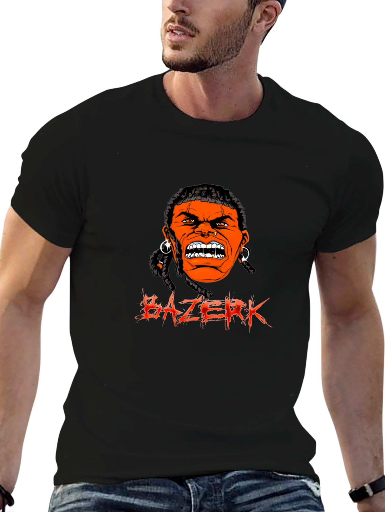 Black BAZERK T-Shirt - Angry Orange Face Graphic Tee view 6