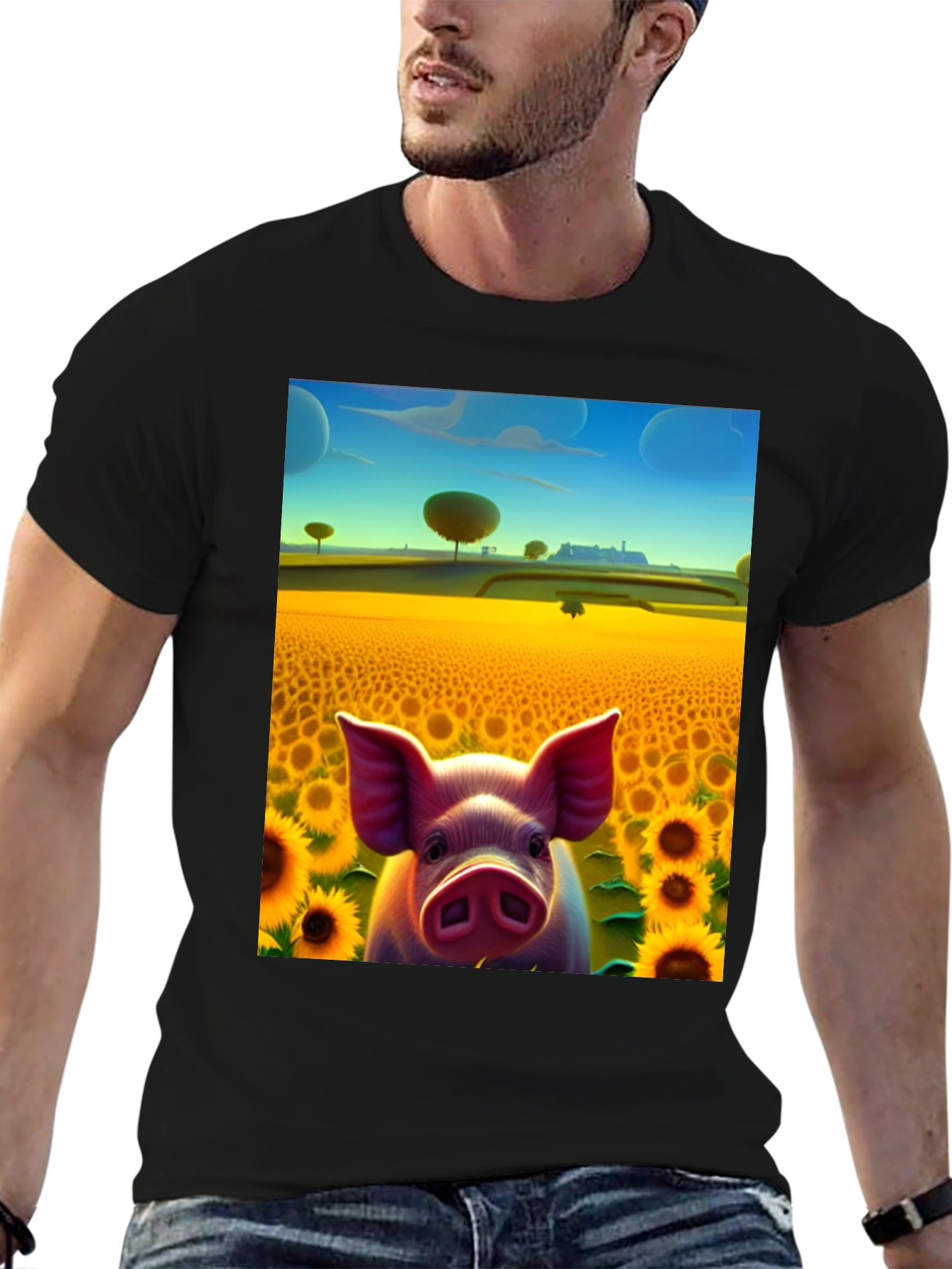Black Pig in Sunflower Field Graphic Tee view 6