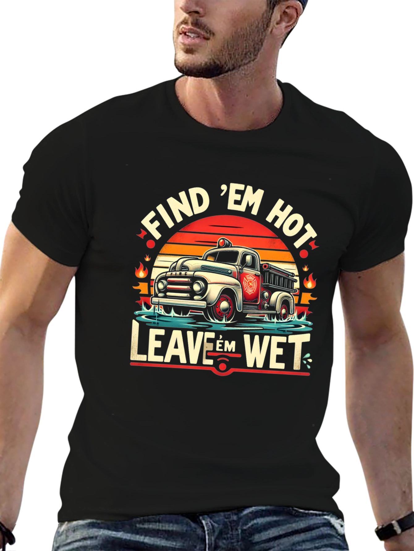 Black Find 'Em Hot, Leave 'Em Wet Firefighter Graphic Tee view 6