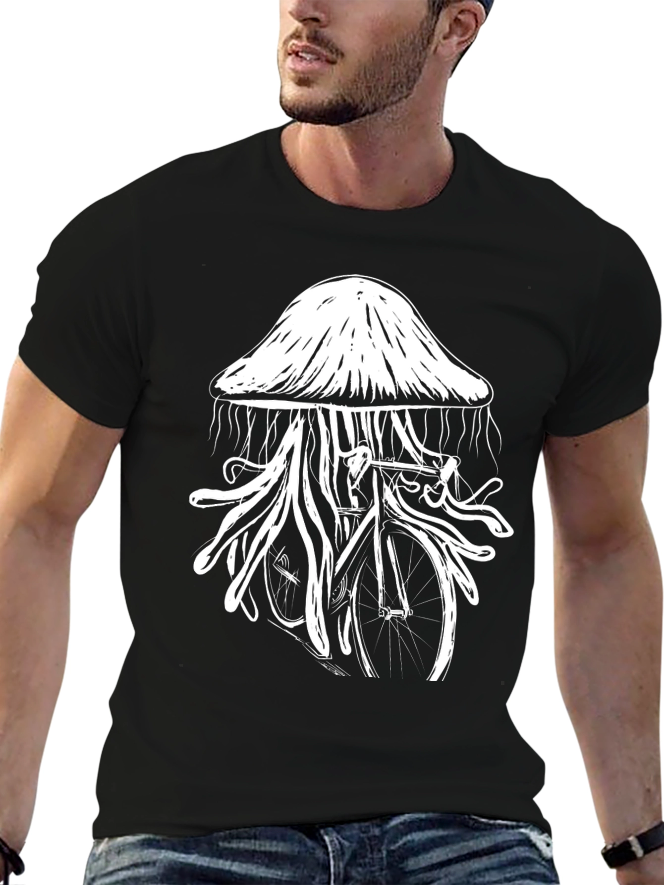 Black Jellyfish Bicycle Graphic T-Shirt - Unique Black Tee view 6