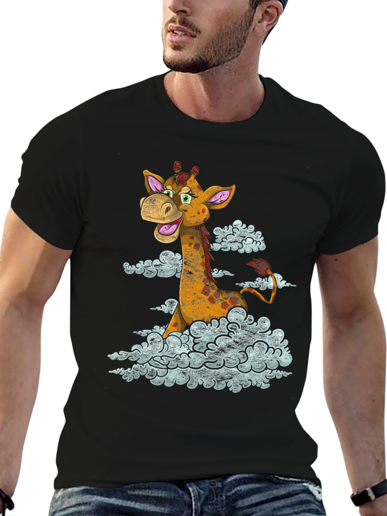 Black Giraffe in Clouds Graphic T-Shirt view 6