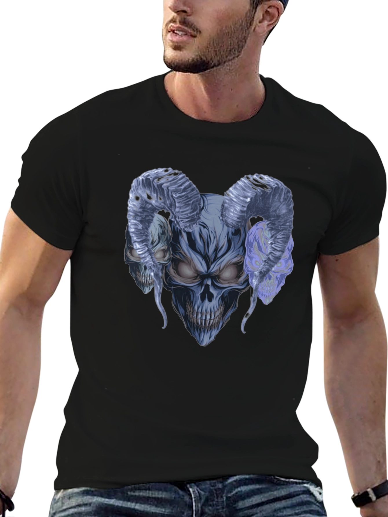 Black Skull Horns Graphic Tee - Men's Black Cotton T-Shirt view 6