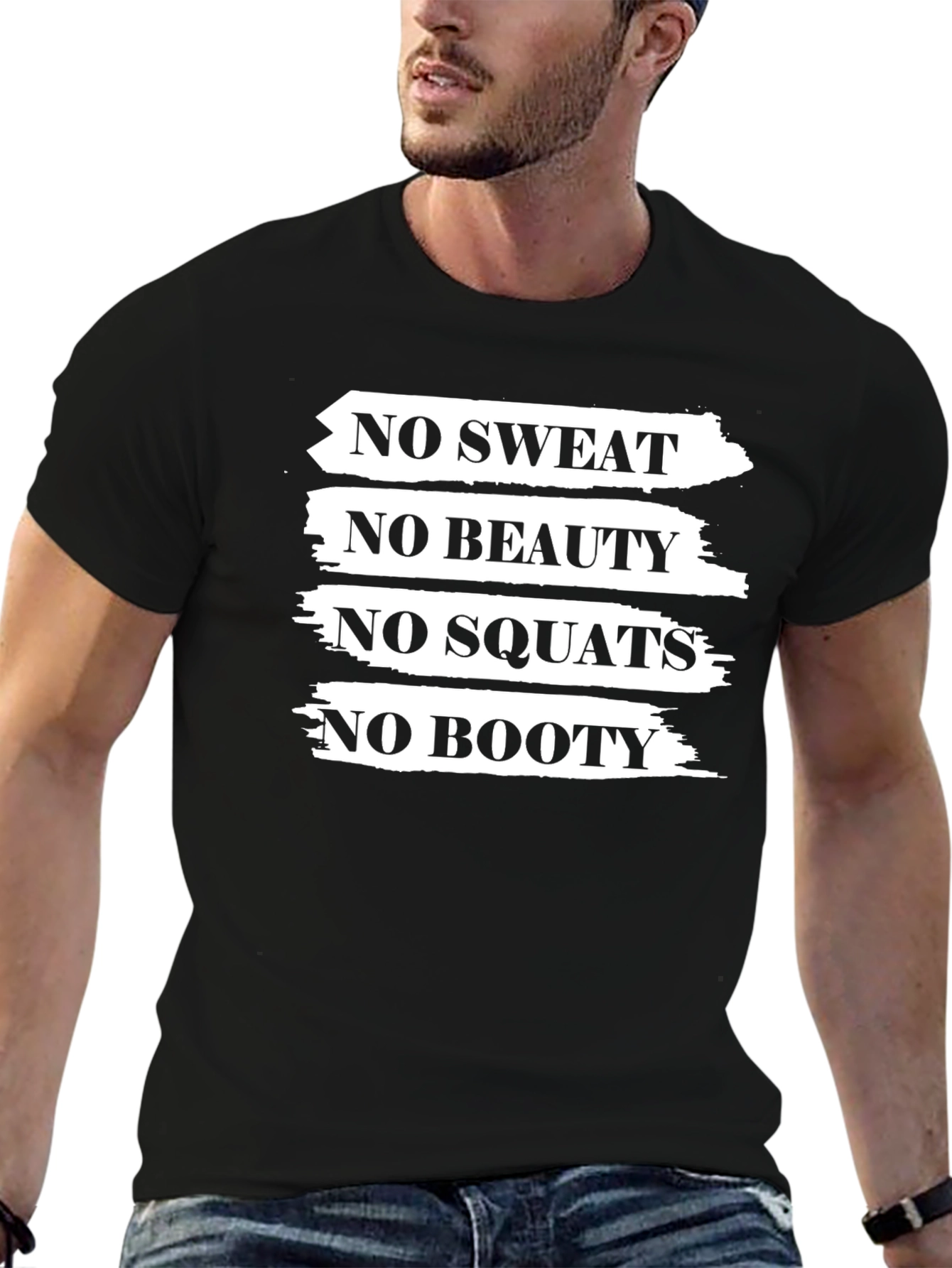 Black No Sweat, No Booty Black Graphic T-Shirt view 6
