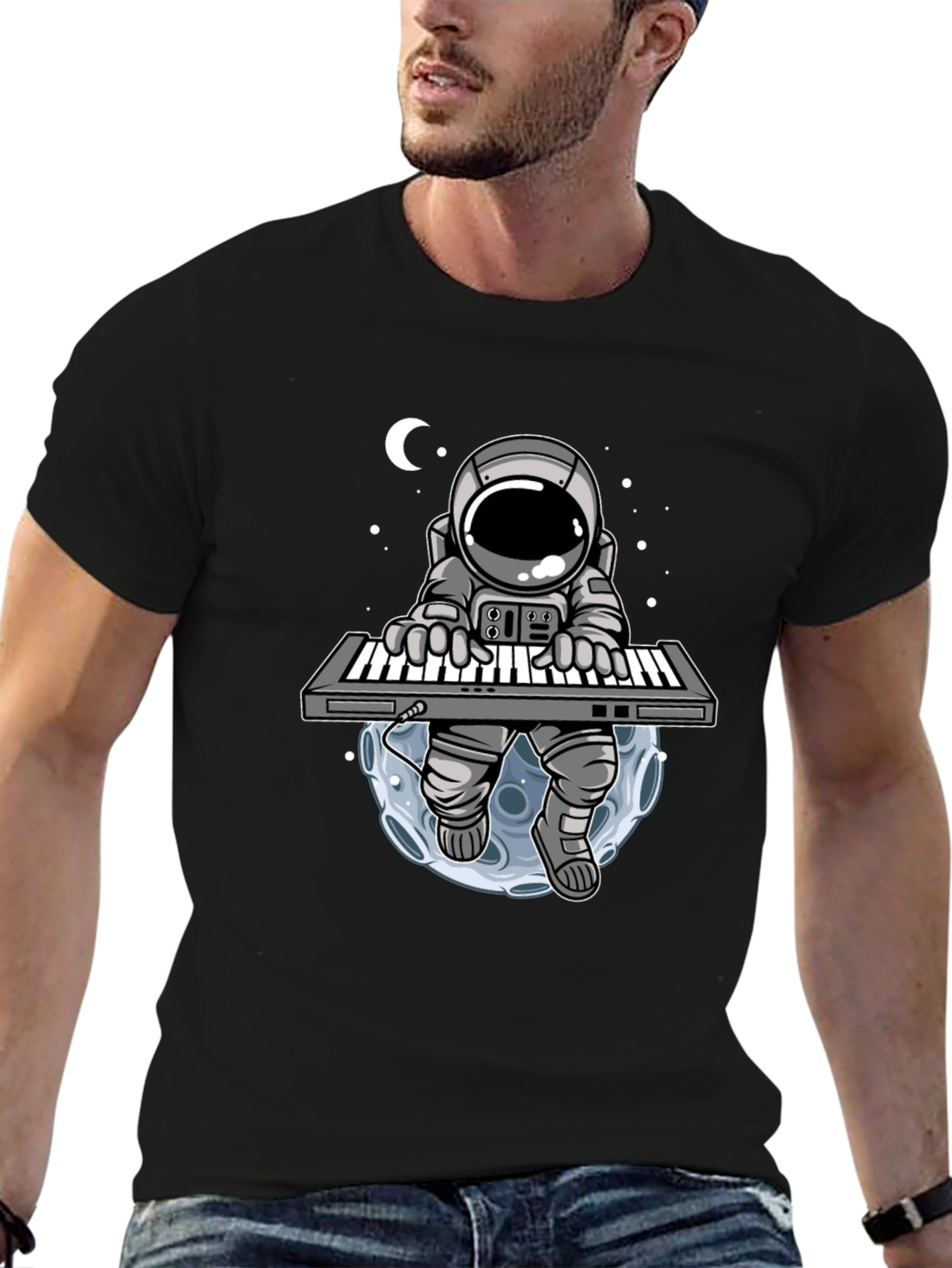 Black Astronaut Keyboardist Graphic T-Shirt view 6