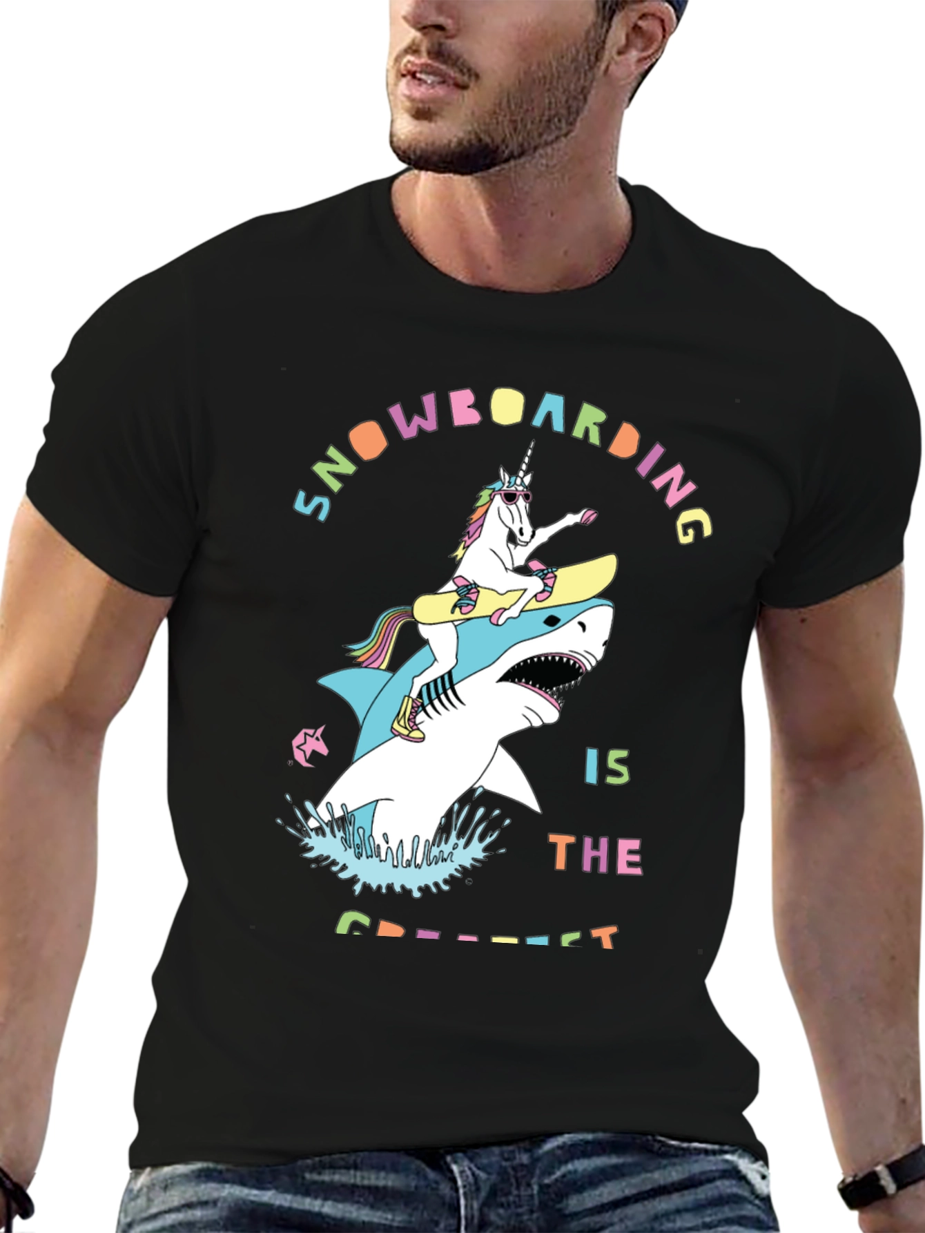 Black Snowboarding Shark & Unicorn Graphic Tee view 6
