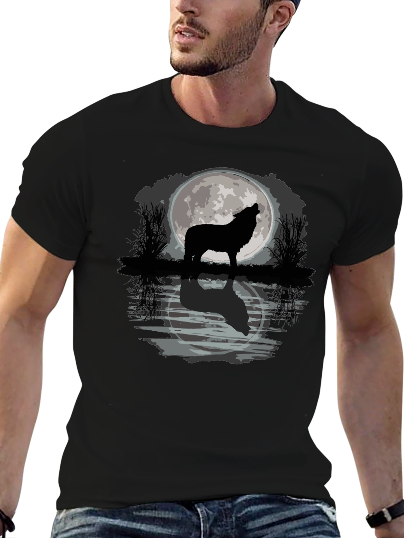 Black Wolf Howling at Moon Graphic T-Shirt view 6