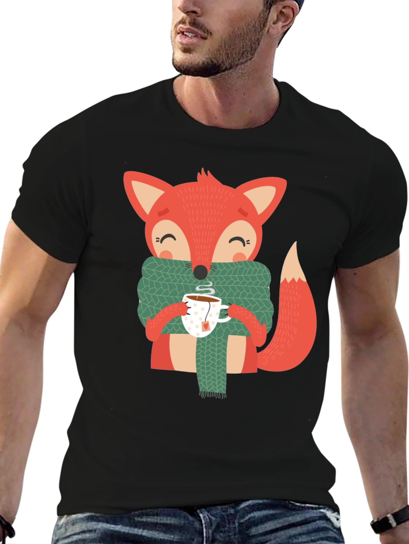Black Cute Fox Winter Tee - Snug Scarf & Hot Tea Design view 6