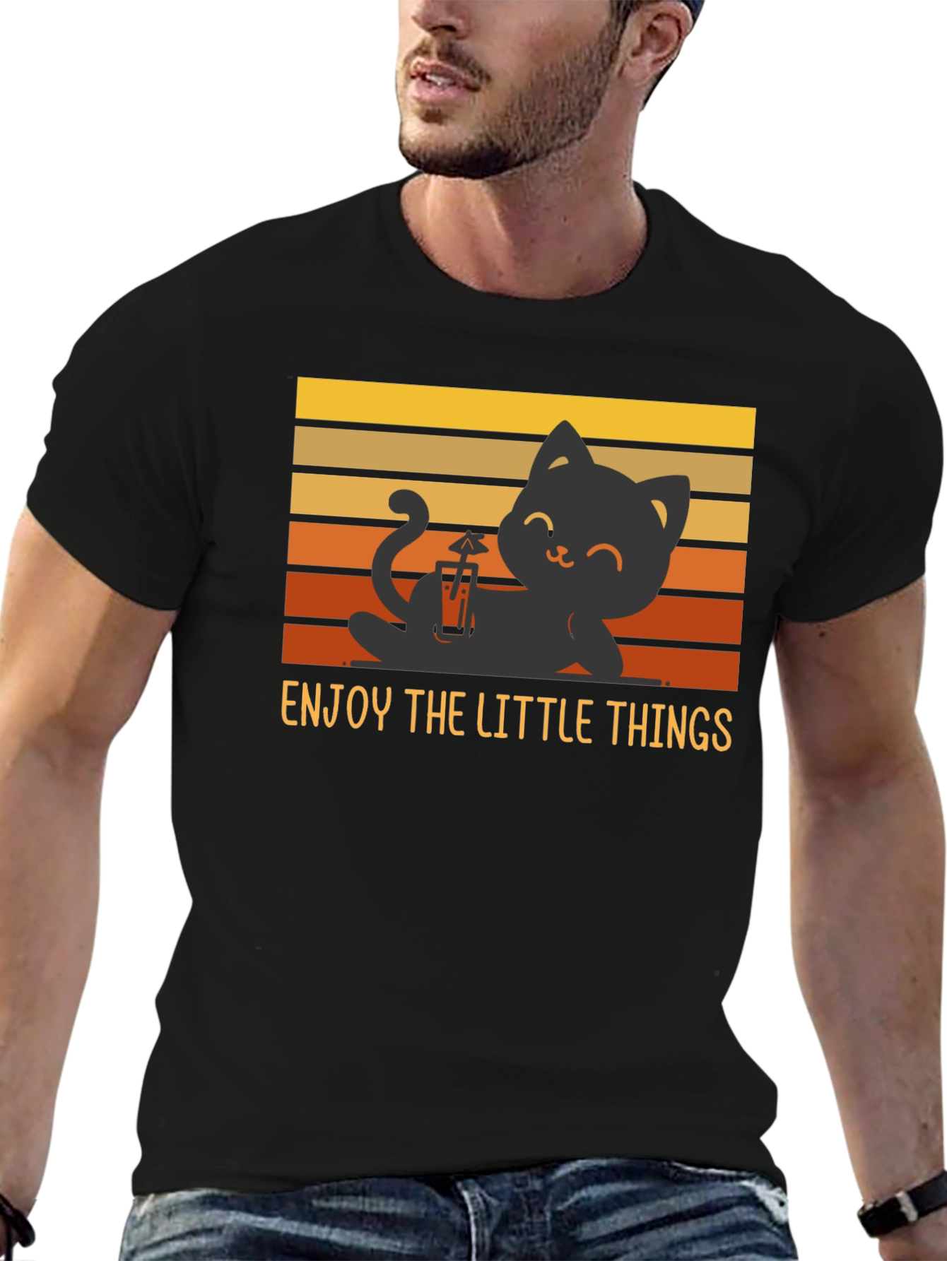 Black Enjoy the Little Things Cat T-Shirt - Relaxed Black Tee view 6