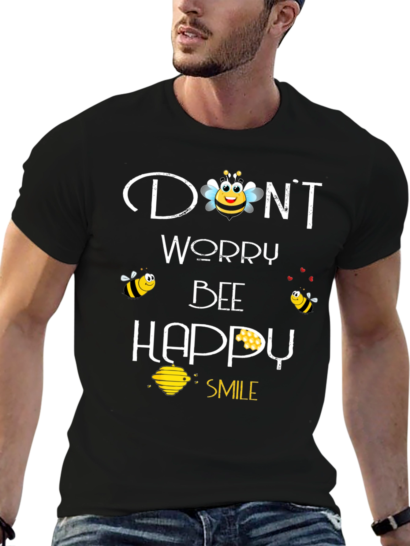 Black Don't Worry Bee Happy Graphic T-Shirt view 6