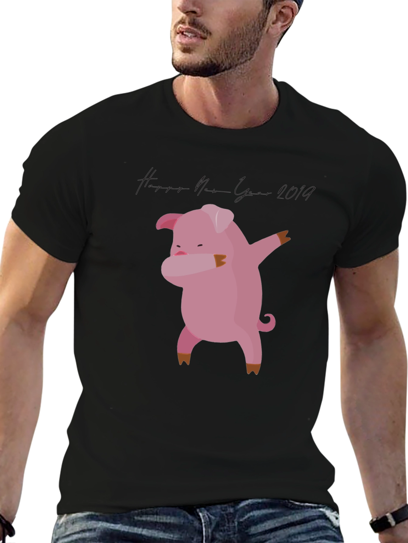 Black Dabbing Pig New Year 2019 Black T-Shirt view 6