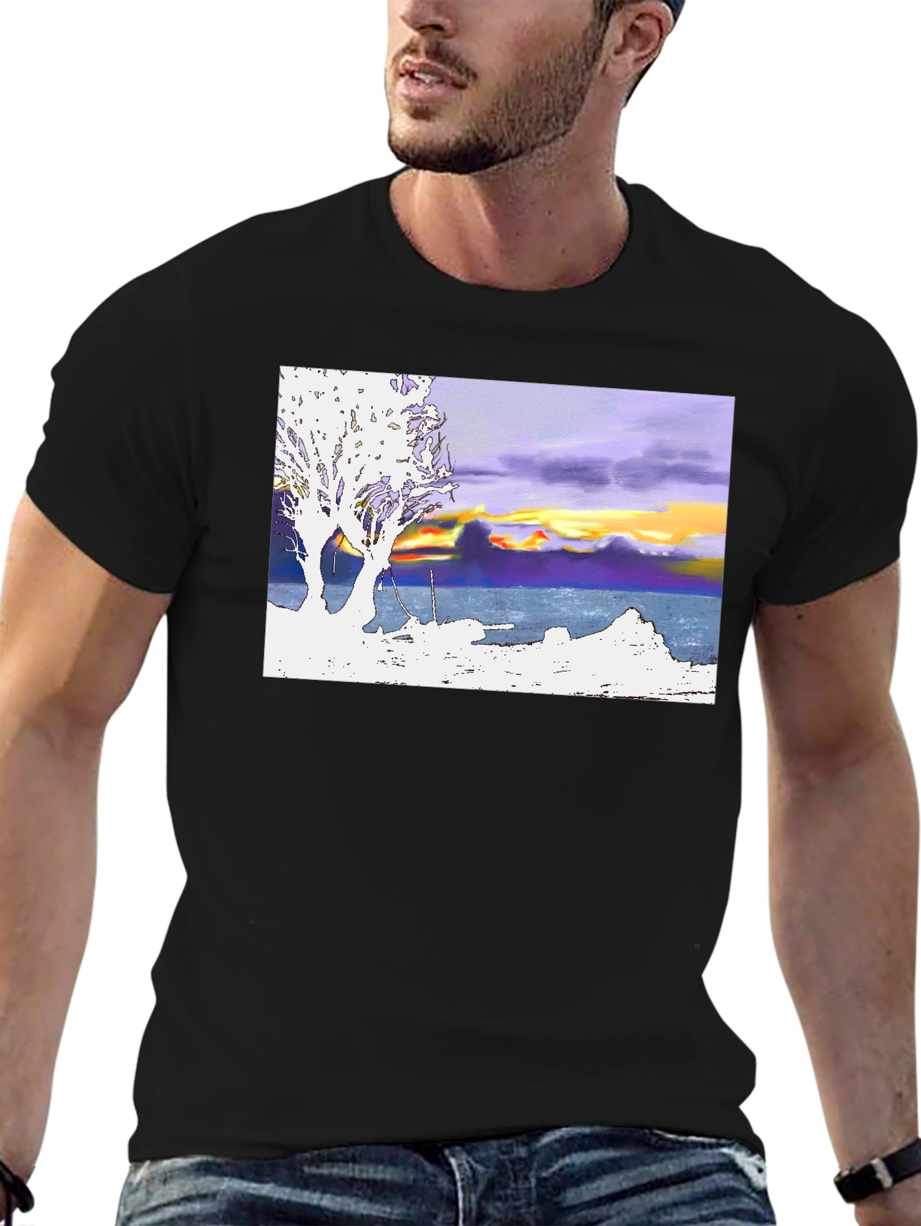 Black Sunset Coastline T-Shirt: Artistic Graphic Tee view 6