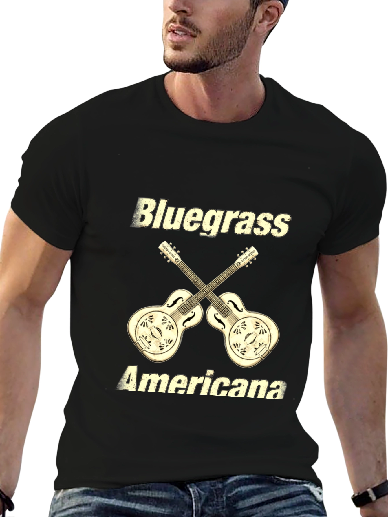 Black Bluegrass Americana Guitar Graphic T-Shirt view 6