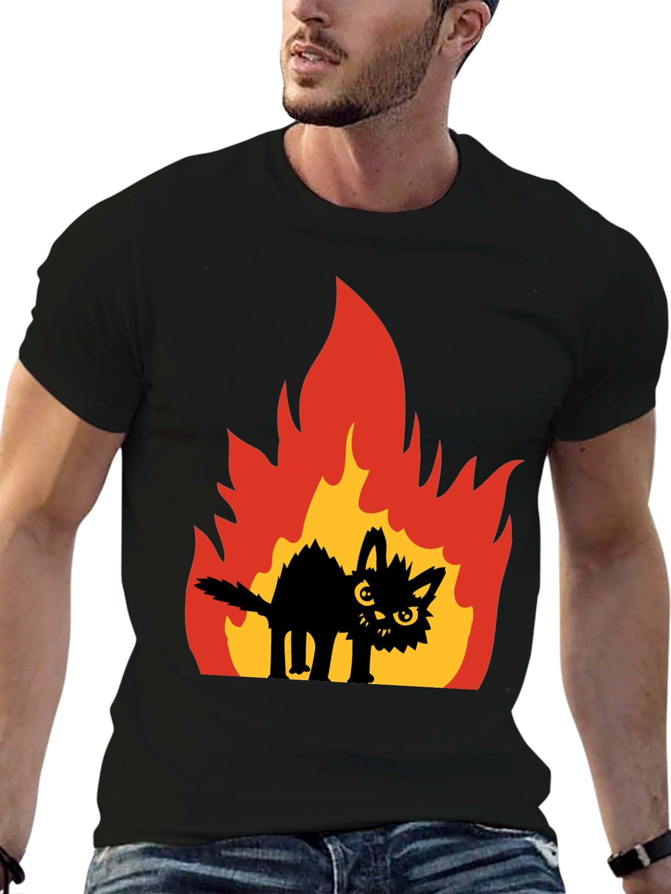 Black Burning Cat Graphic Tee - Black view 6