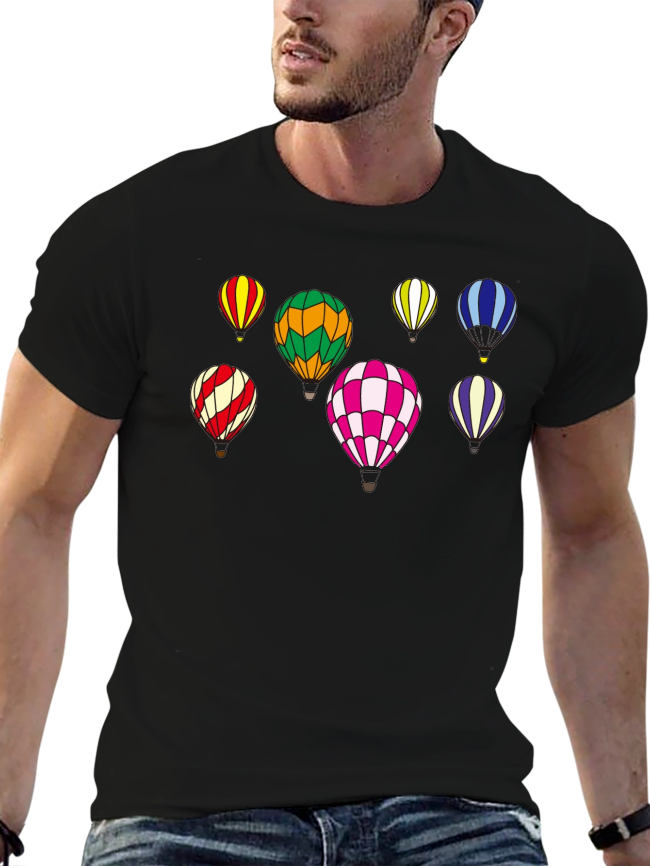 Black Colorful Hot Air Balloon Print T-Shirt view 6