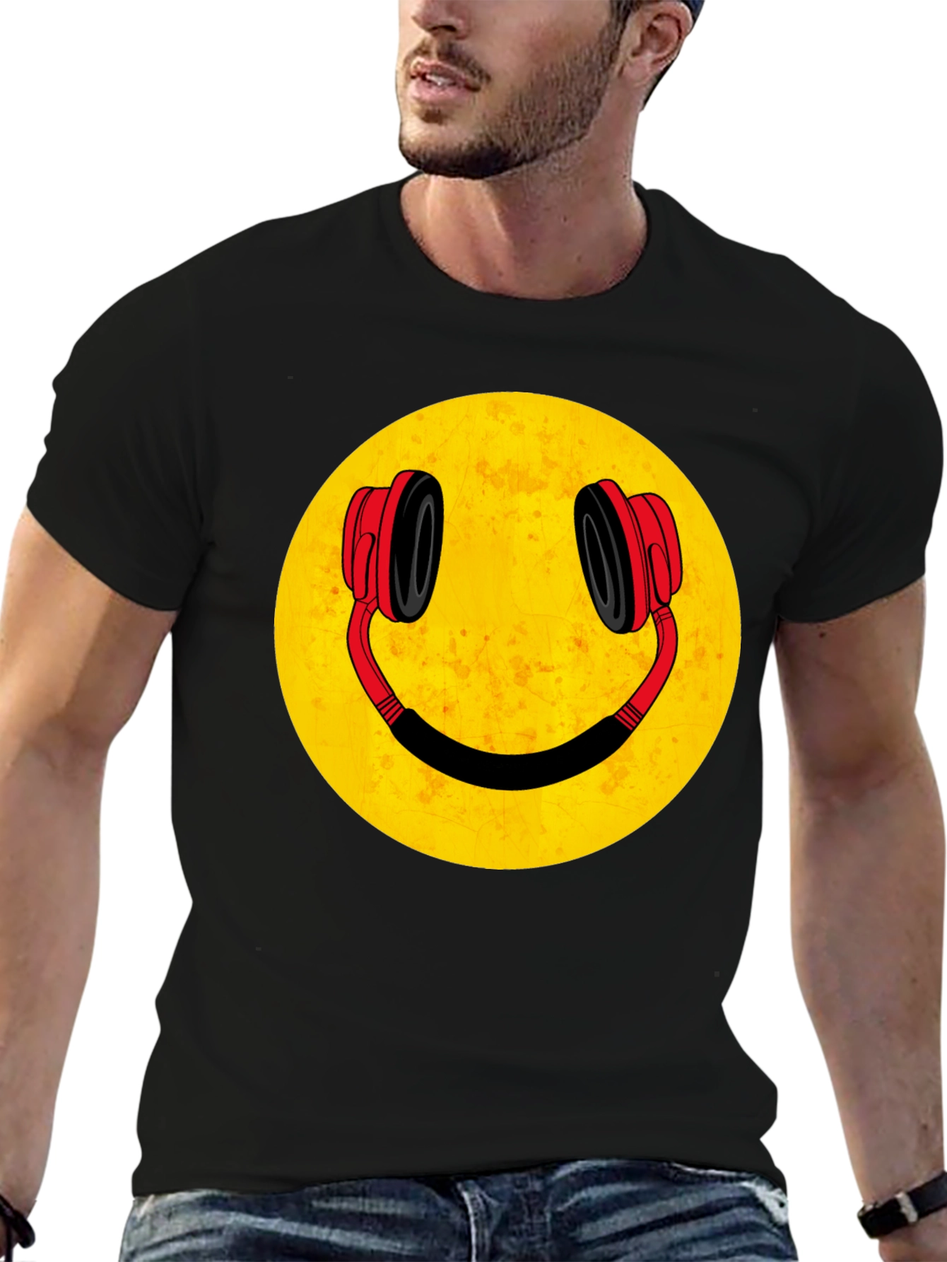 Black Smiley Face Headphones Graphic Tee view 6